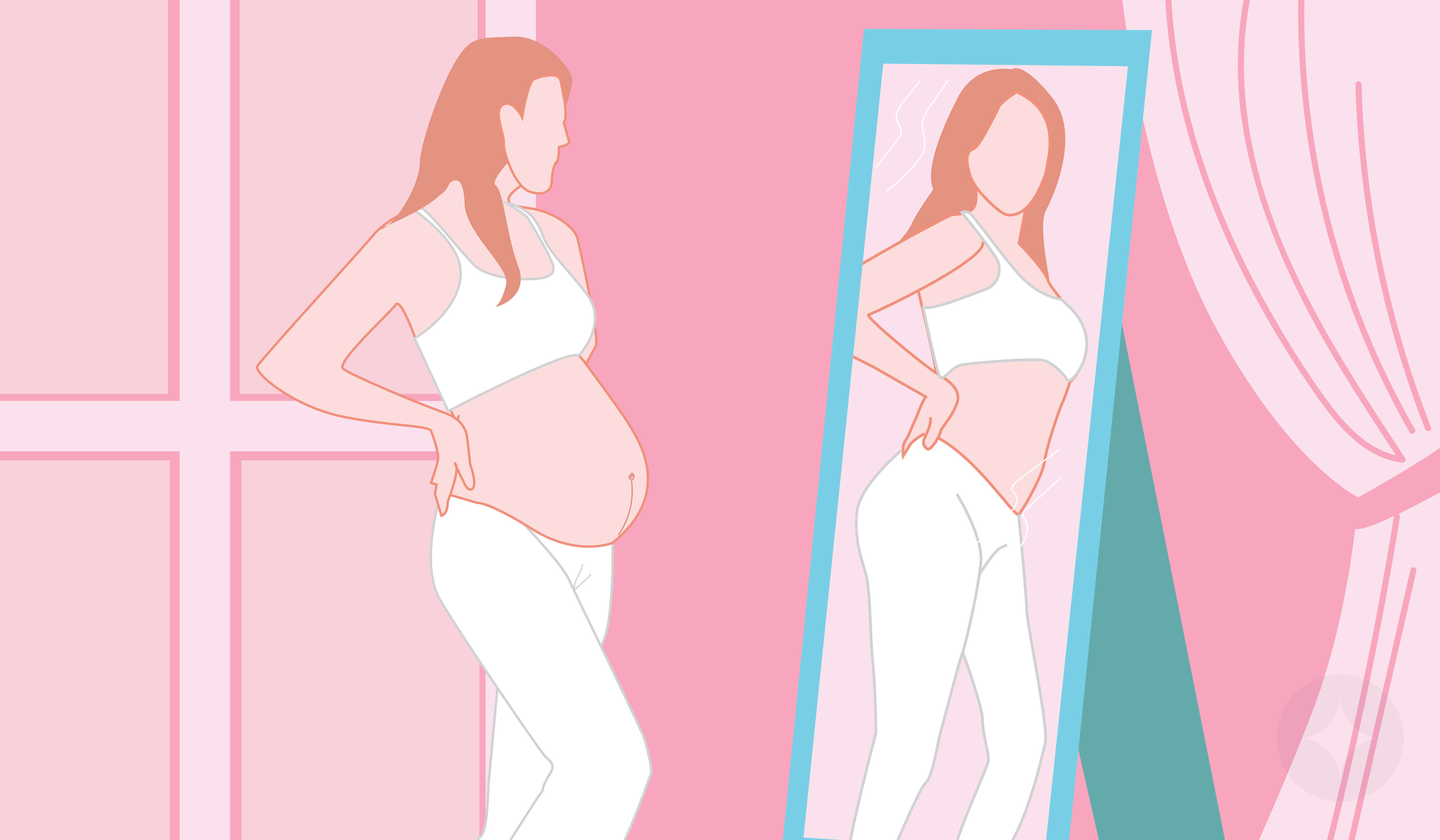 An illustration of a pregnant woman looking into the mirror checking her postpartum body in the mirror. 