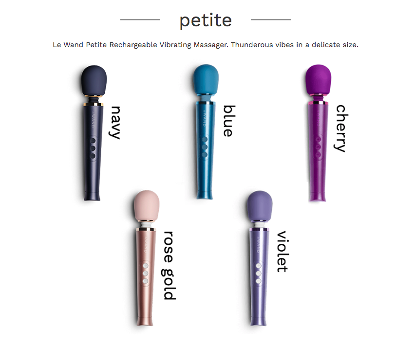 Le Wand Petite wand massager is available in a Navy, Rose Gold, Dark Cherry, Blue, and Violet color